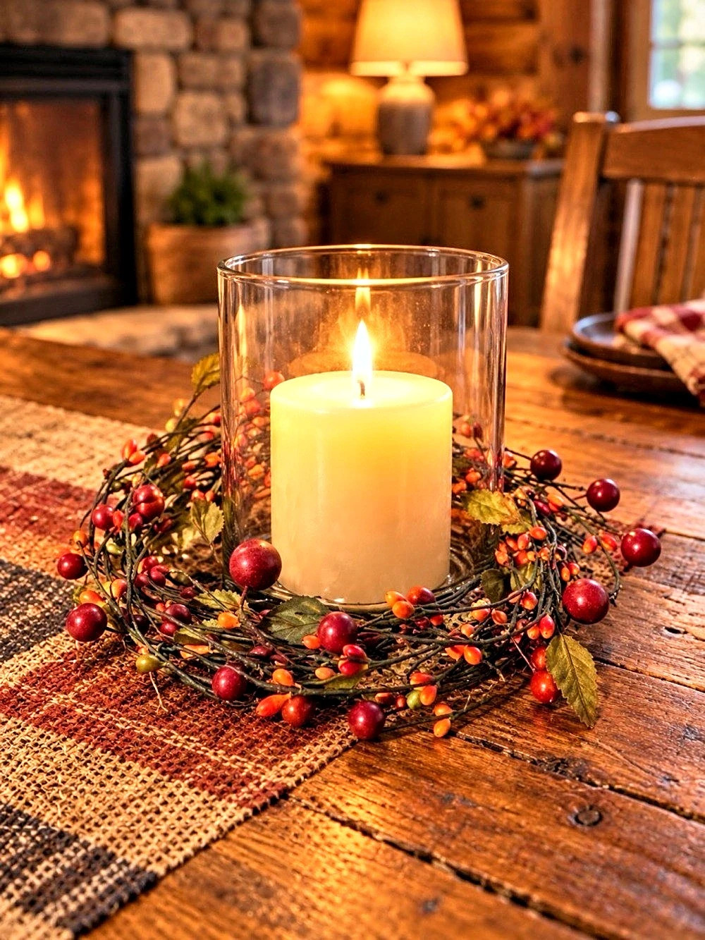 Candle Holder Centerpiece in Brown & Red